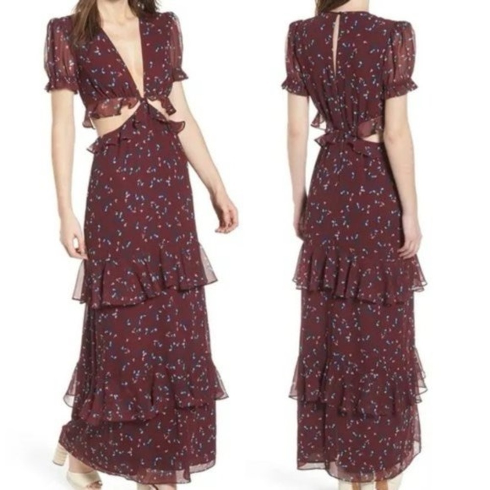WAYF Burgundy Floral cutout short sleeve tiered ruffle boho party maxi dress S